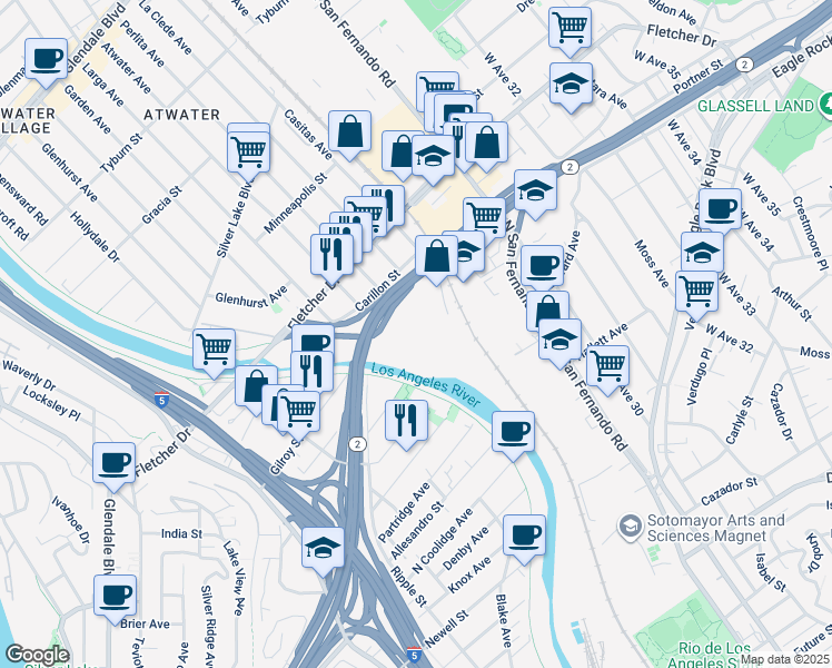 map of restaurants, bars, coffee shops, grocery stores, and more near 2800 Casitas Avenue in Los Angeles