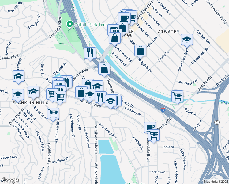 map of restaurants, bars, coffee shops, grocery stores, and more near 2857 Glendale Boulevard in Los Angeles