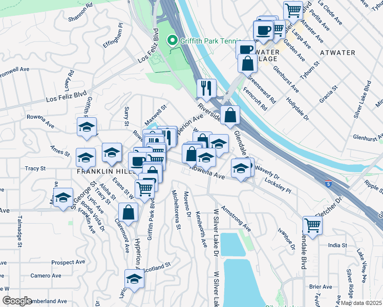 map of restaurants, bars, coffee shops, grocery stores, and more near 2839 1/2 Avenel Street in Los Angeles