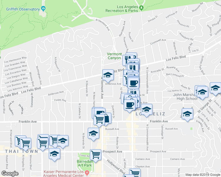 map of restaurants, bars, coffee shops, grocery stores, and more near 4573 Ambrose Avenue in Los Angeles