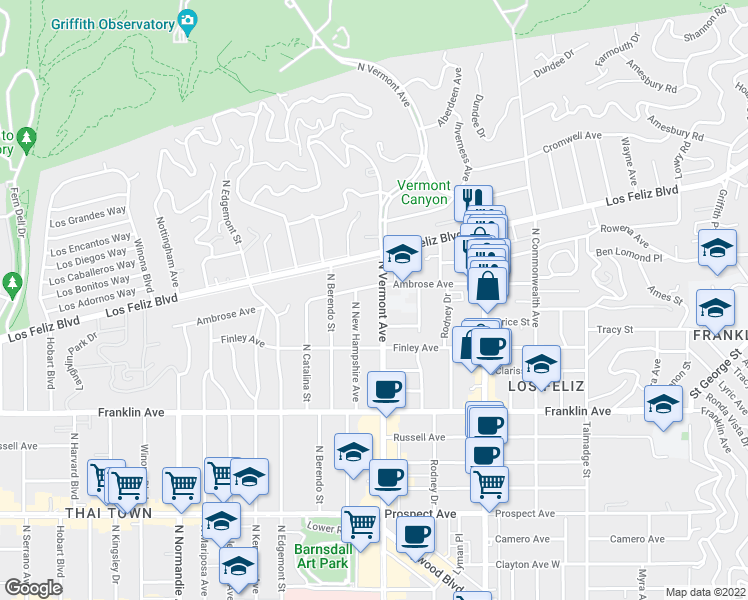 map of restaurants, bars, coffee shops, grocery stores, and more near 4635 Ambrose Avenue in Los Angeles