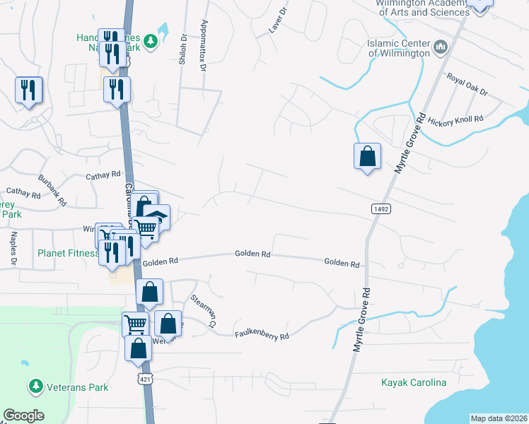 map of restaurants, bars, coffee shops, grocery stores, and more near 205-209 Country Place Road in Wilmington