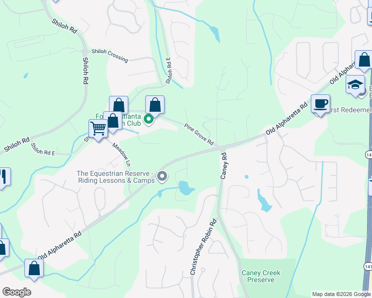 map of restaurants, bars, coffee shops, grocery stores, and more near 2537 Pine Grove Road in Cumming