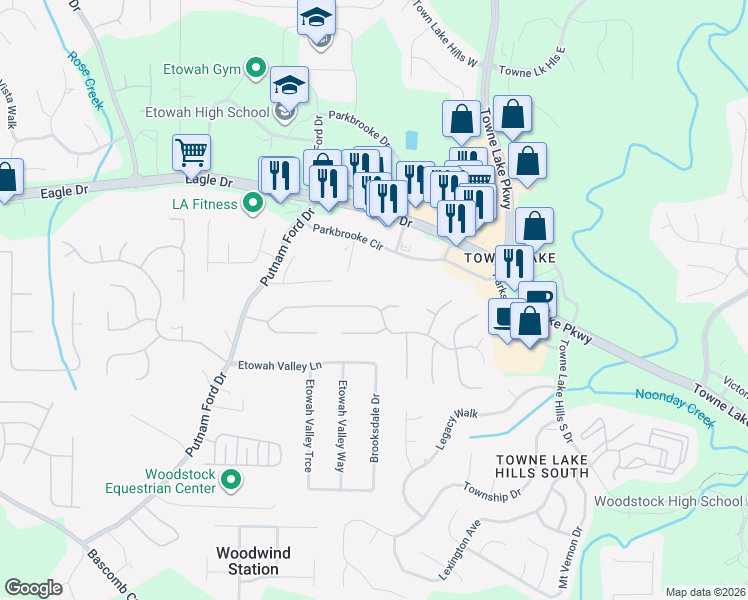 map of restaurants, bars, coffee shops, grocery stores, and more near 143 Eagle Glen Drive in Woodstock