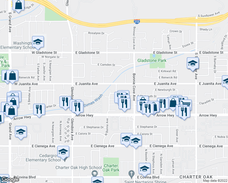 map of restaurants, bars, coffee shops, grocery stores, and more near 337 East Plymouth Street in Glendora