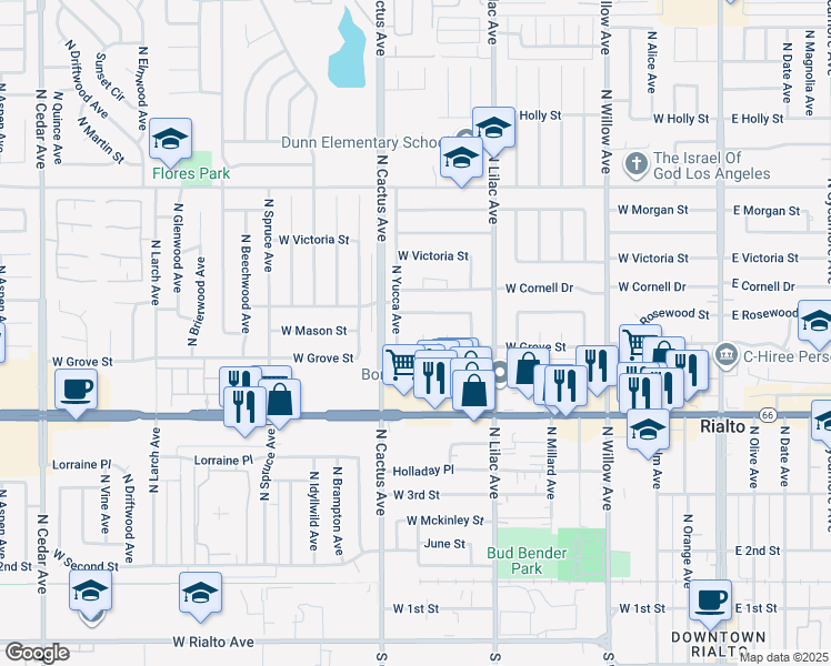 map of restaurants, bars, coffee shops, grocery stores, and more near 634 West Grove Street in Rialto