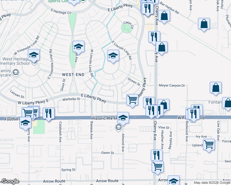 map of restaurants, bars, coffee shops, grocery stores, and more near 7919 San Pedro Street in Fontana