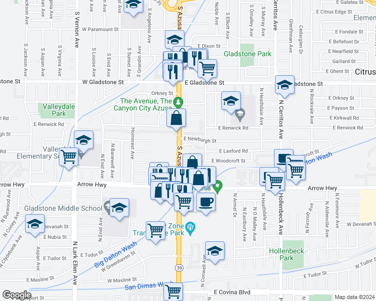 map of restaurants, bars, coffee shops, grocery stores, and more near 750 South Azusa Avenue in Azusa