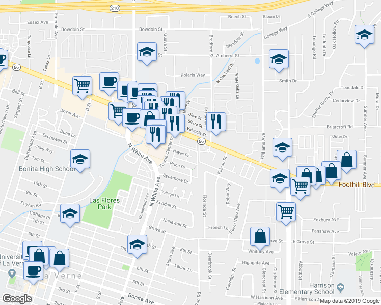 map of restaurants, bars, coffee shops, grocery stores, and more near 2567 Hayes Drive in La Verne