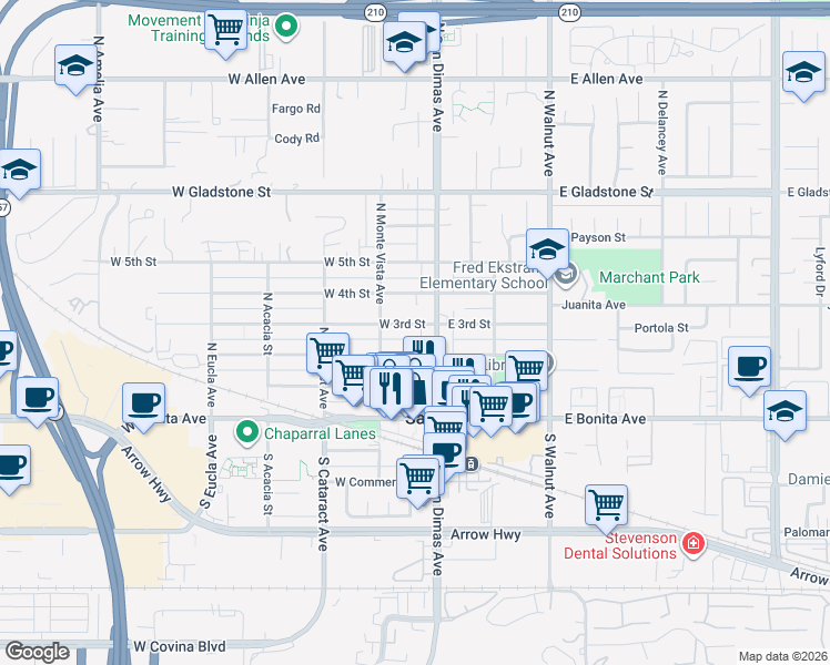 map of restaurants, bars, coffee shops, grocery stores, and more near 129 West 3rd Street in San Dimas