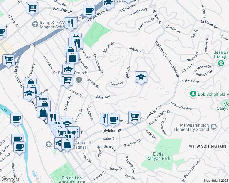 map of restaurants, bars, coffee shops, grocery stores, and more near 2322 Yorkshire Drive in Los Angeles