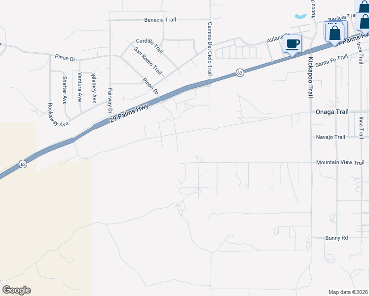 map of restaurants, bars, coffee shops, grocery stores, and more near Pinon Drive in Yucca Valley