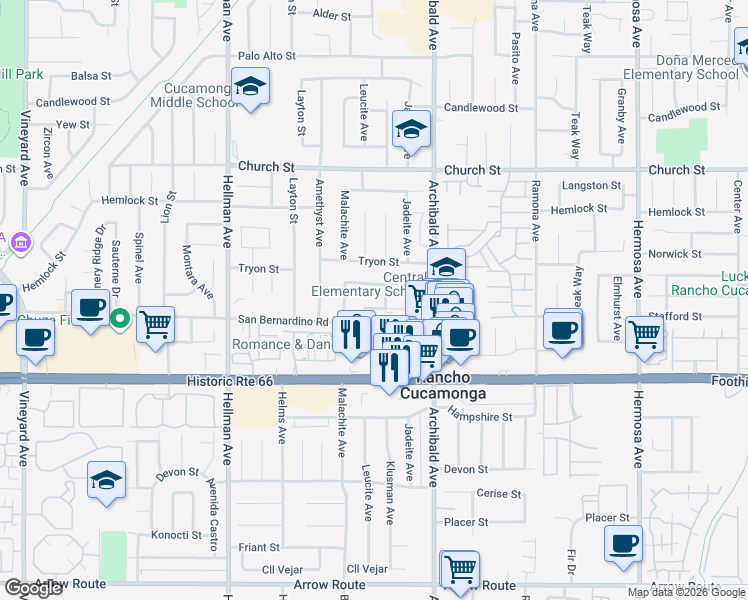 map of restaurants, bars, coffee shops, grocery stores, and more near 9610 Effen Street in Rancho Cucamonga
