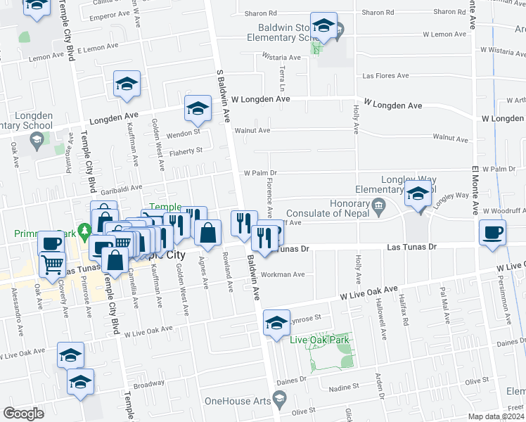 map of restaurants, bars, coffee shops, grocery stores, and more near 2511 Florence Avenue in Arcadia