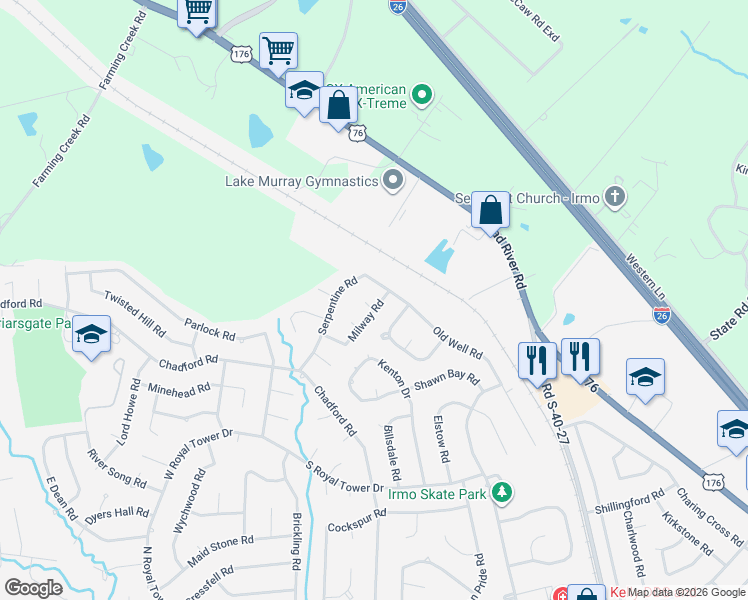 map of restaurants, bars, coffee shops, grocery stores, and more near 400 Serpentine Road in Irmo