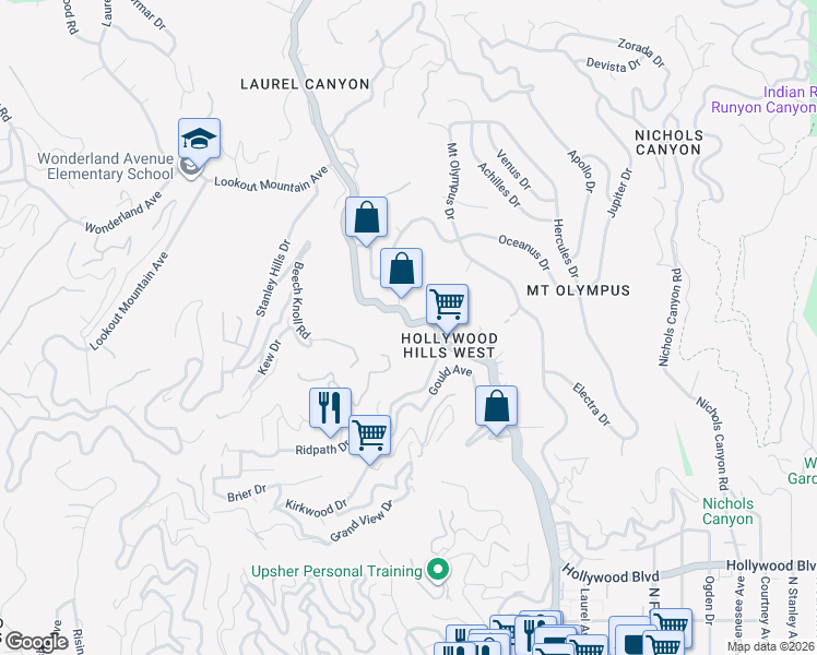 map of restaurants, bars, coffee shops, grocery stores, and more near 2161 Laurel Canyon Boulevard in Los Angeles