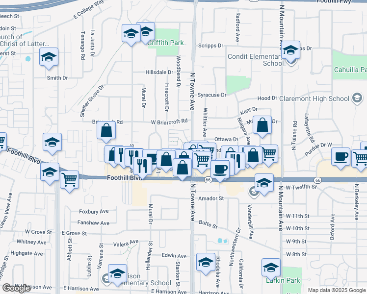 map of restaurants, bars, coffee shops, grocery stores, and more near 3657 Towne Park Circle in Pomona