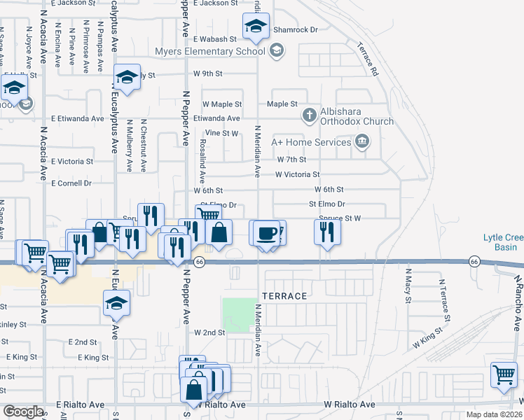 map of restaurants, bars, coffee shops, grocery stores, and more near 565 North Meridian Avenue in San Bernardino