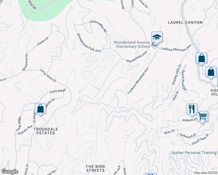 map of restaurants, bars, coffee shops, grocery stores, and more near Crescent Drive in Beverly Hills