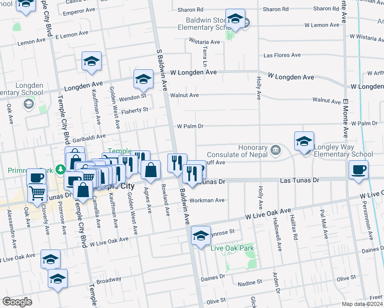 map of restaurants, bars, coffee shops, grocery stores, and more near 2511 Florence Avenue in Arcadia