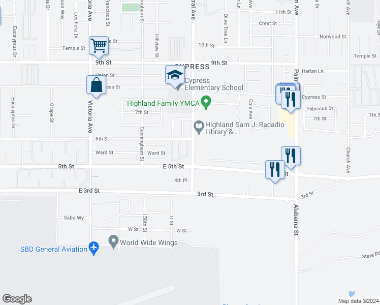 map of restaurants, bars, coffee shops, grocery stores, and more near 7955 Primrose Lane in Highland