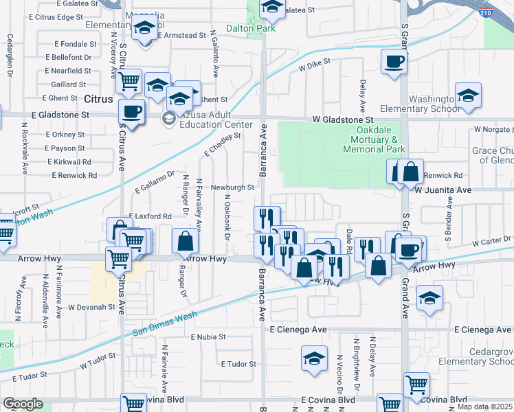map of restaurants, bars, coffee shops, grocery stores, and more near 5335 North Barranca Avenue in Covina
