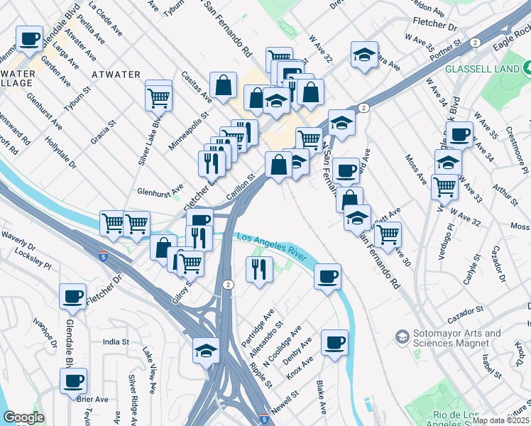 map of restaurants, bars, coffee shops, grocery stores, and more near 2800 Casitas Avenue in Los Angeles