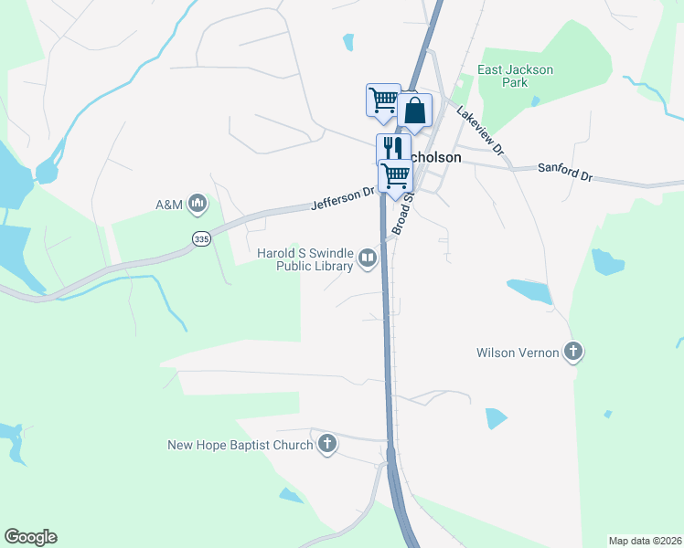 map of restaurants, bars, coffee shops, grocery stores, and more near 126 Birch St in Nicholson