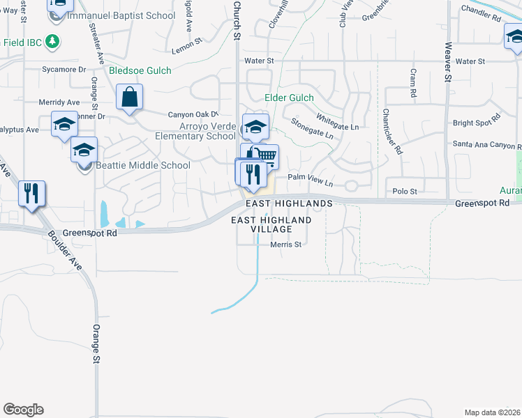 map of restaurants, bars, coffee shops, grocery stores, and more near 28967 Greenspot Road in Highland
