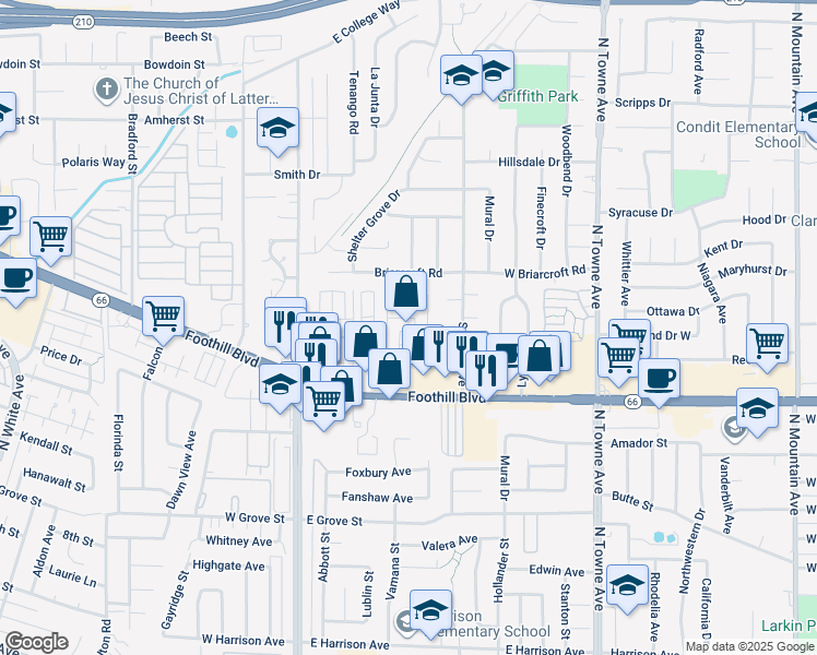 map of restaurants, bars, coffee shops, grocery stores, and more near 301 East Foothill Boulevard in Pomona
