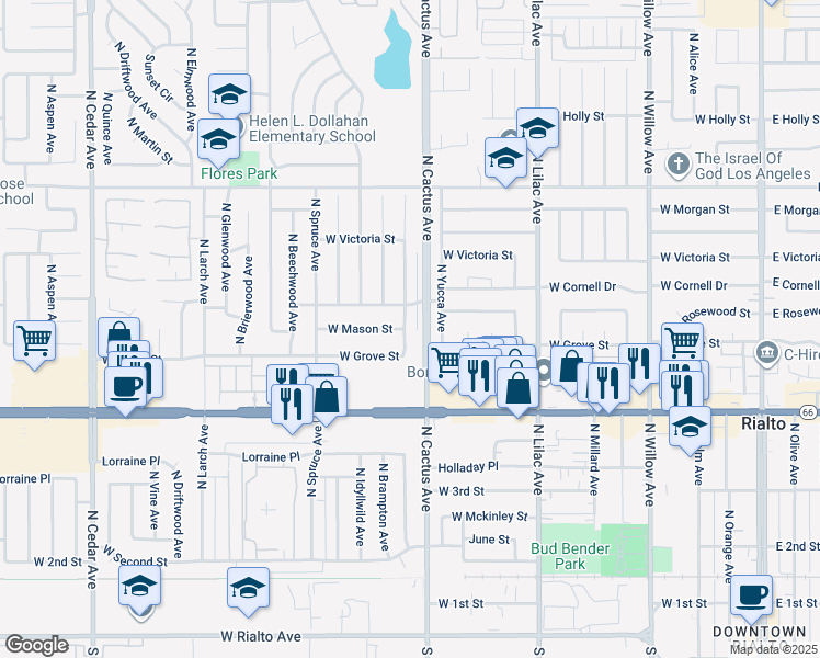 map of restaurants, bars, coffee shops, grocery stores, and more near 547 North Fillmore Avenue in Rialto
