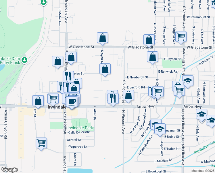 map of restaurants, bars, coffee shops, grocery stores, and more near 766 Ayon Avenue in Azusa