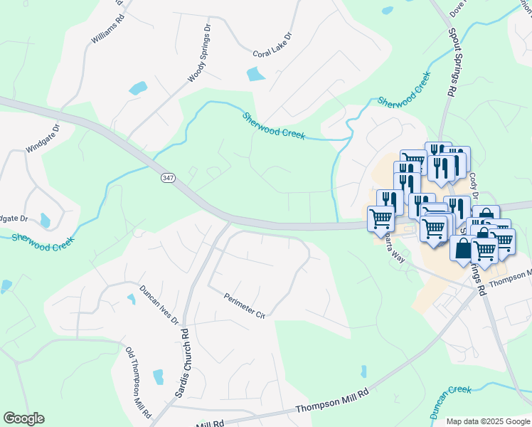 map of restaurants, bars, coffee shops, grocery stores, and more near 2585 Friendship Road in Buford