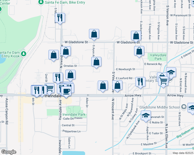 map of restaurants, bars, coffee shops, grocery stores, and more near 766 Ayon Avenue in Azusa