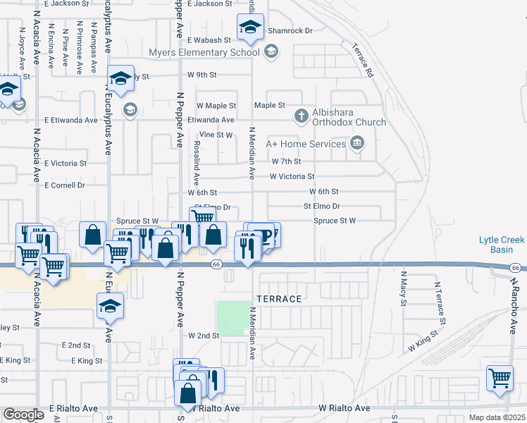 map of restaurants, bars, coffee shops, grocery stores, and more near 566 North Marvin Drive in San Bernardino