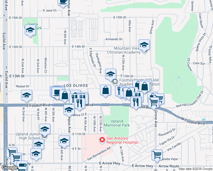 map of restaurants, bars, coffee shops, grocery stores, and more near 1245 Veterans Court in Upland