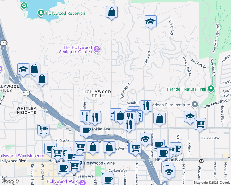map of restaurants, bars, coffee shops, grocery stores, and more near 2130 Beachwood Drive in Los Angeles