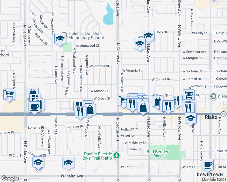 map of restaurants, bars, coffee shops, grocery stores, and more near 577 North Fillmore Avenue in Rialto