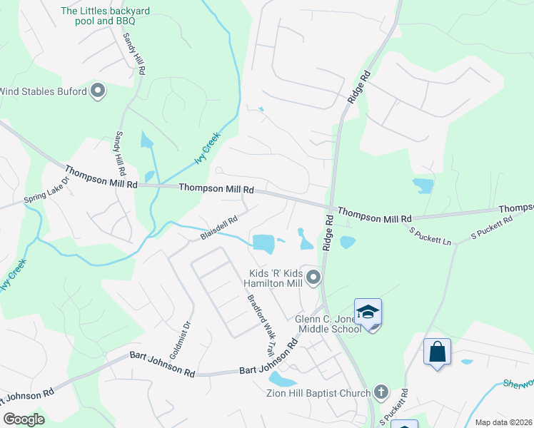 map of restaurants, bars, coffee shops, grocery stores, and more near 3432 Blaisdell Road in Buford