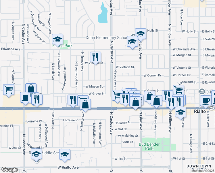 map of restaurants, bars, coffee shops, grocery stores, and more near 547 North Fillmore Avenue in Rialto