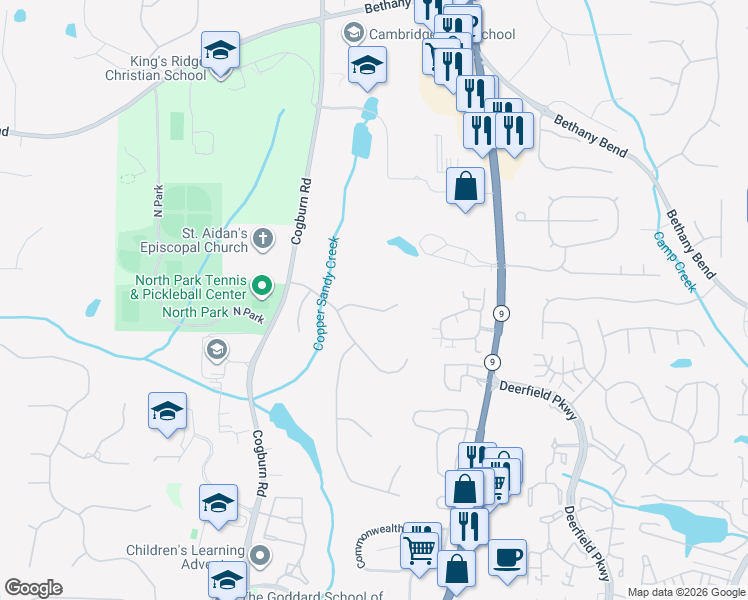 map of restaurants, bars, coffee shops, grocery stores, and more near 220 Bayfield Court in Alpharetta