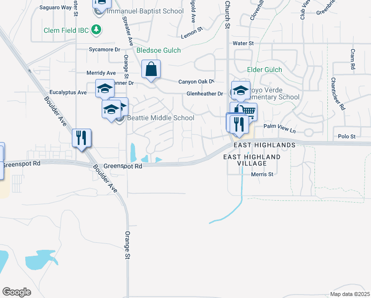 map of restaurants, bars, coffee shops, grocery stores, and more near 7913 Beckett Court in Highland