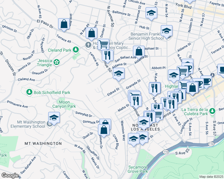 map of restaurants, bars, coffee shops, grocery stores, and more near 4923 Eldred Street in Los Angeles