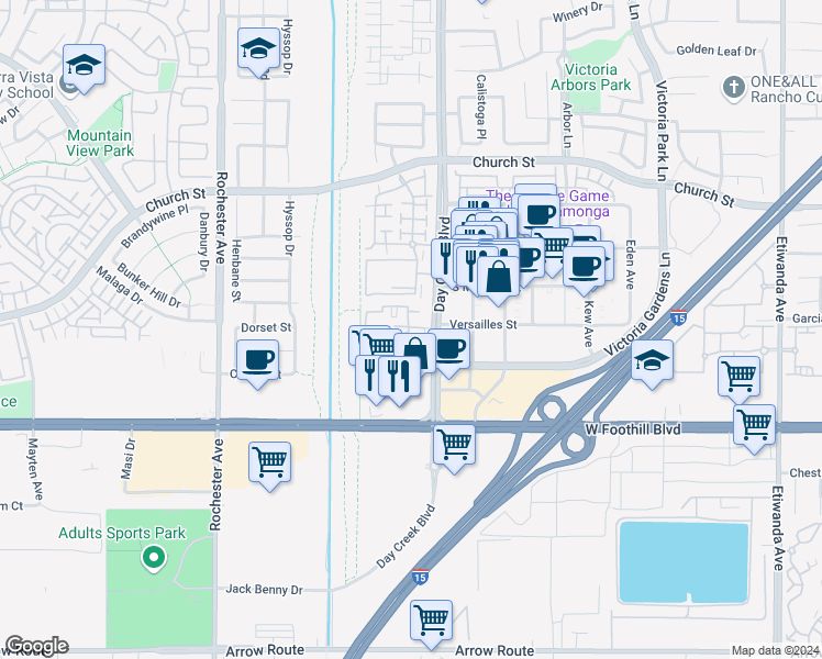 map of restaurants, bars, coffee shops, grocery stores, and more near 7922 Day Creek Boulevard in Rancho Cucamonga