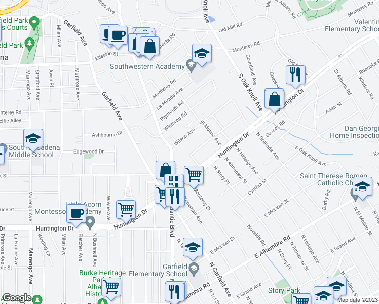 map of restaurants, bars, coffee shops, grocery stores, and more near 1403 Pasqualito Drive in San Marino