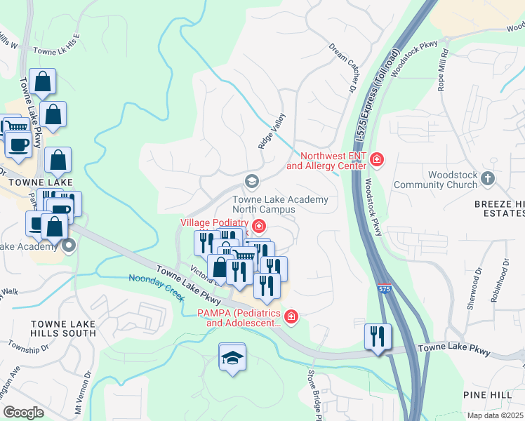 map of restaurants, bars, coffee shops, grocery stores, and more near 108 The Crossings Lane in Woodstock