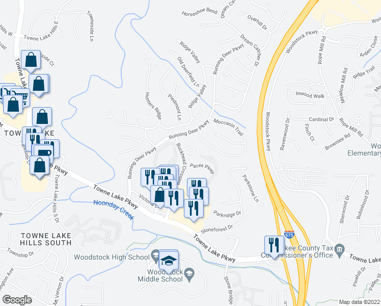 map of restaurants, bars, coffee shops, grocery stores, and more near 105 The Crossings Lane in Woodstock