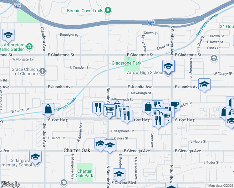 map of restaurants, bars, coffee shops, grocery stores, and more near 1630 Suffolk Place in Glendora