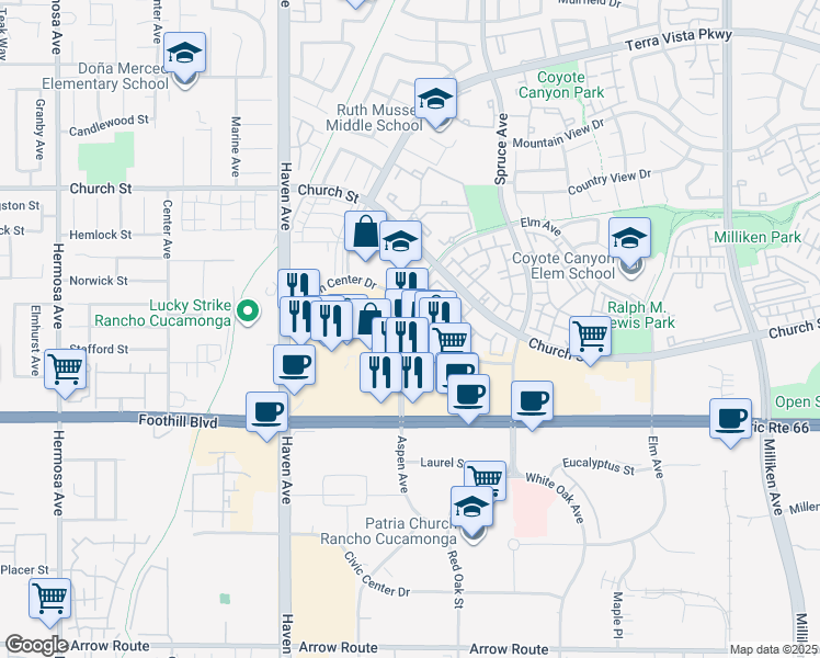 map of restaurants, bars, coffee shops, grocery stores, and more near 10701 Town Center Drive in Rancho Cucamonga