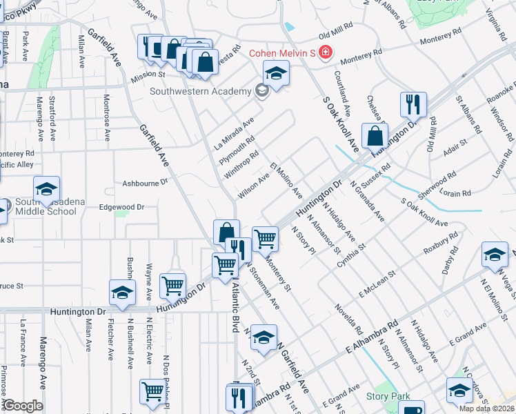 map of restaurants, bars, coffee shops, grocery stores, and more near 1403 Pasqualito Drive in San Marino